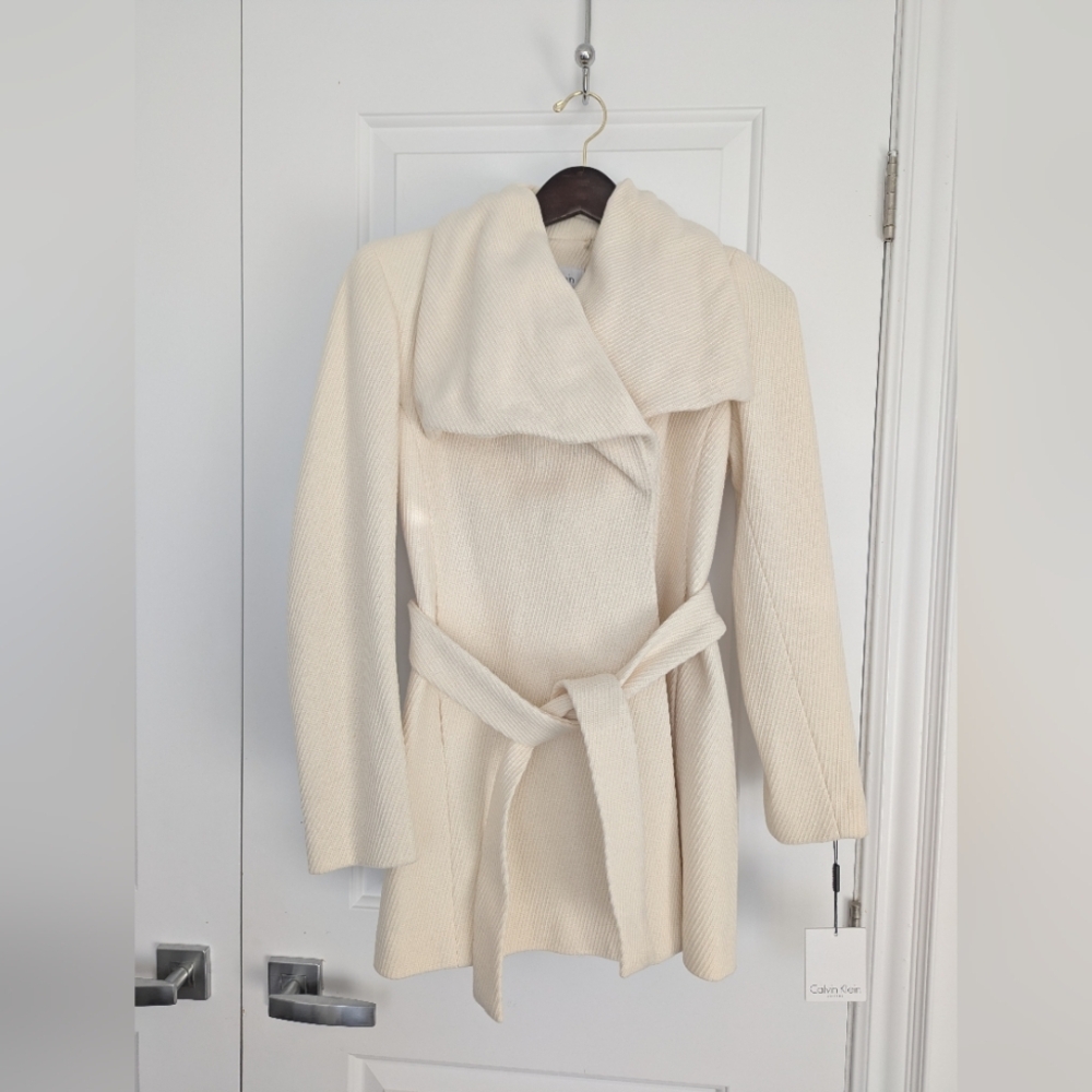 NWT Calvin Klein Cream Belted Wool Blend Coat